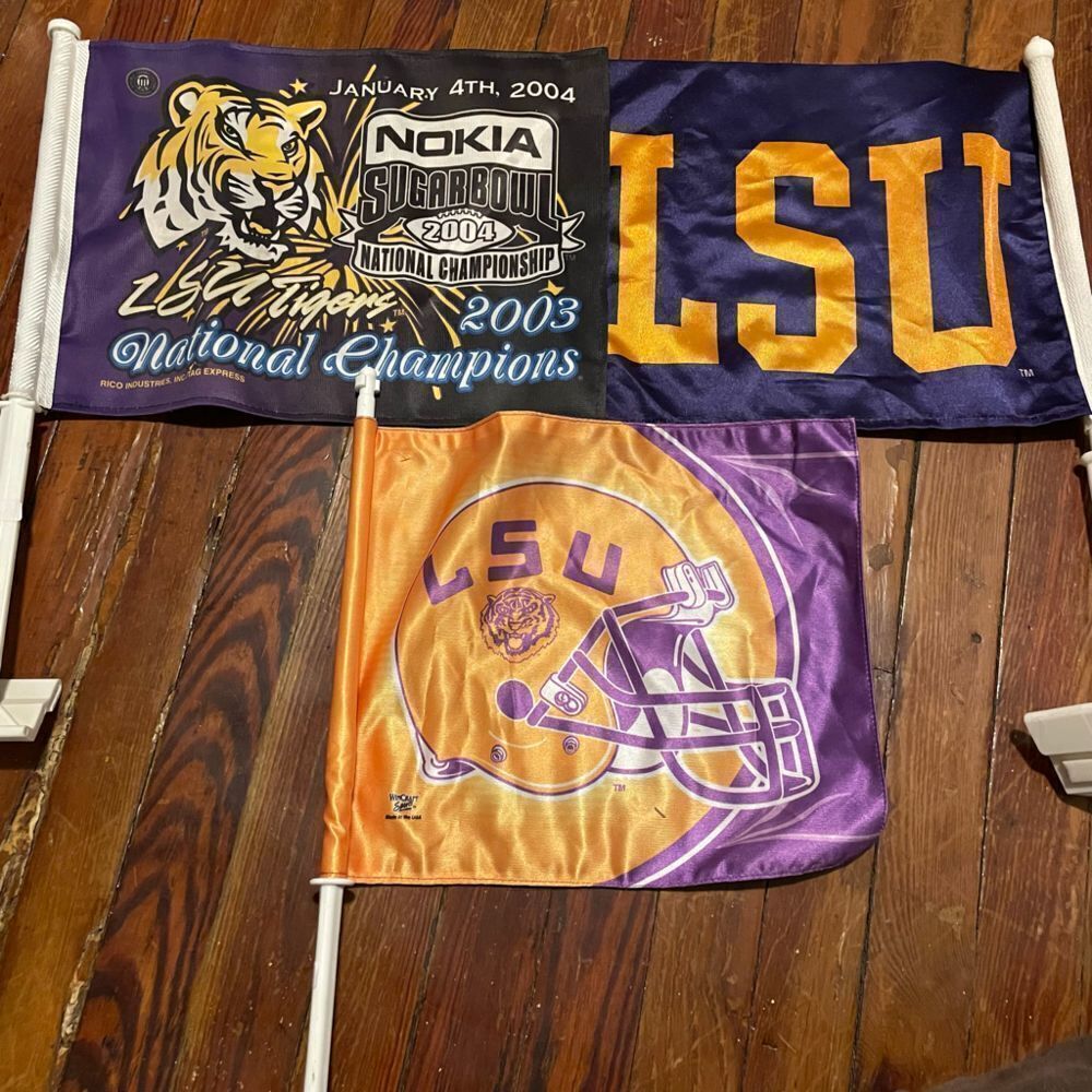 Lot Of 3 Vintage LSU Car Flags Championship Sugar Bowl Champions 2003 2004